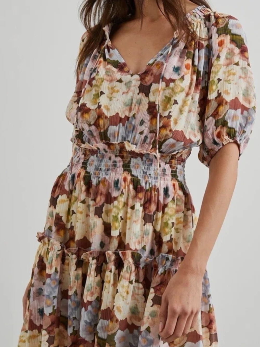 Rails Floral Tie-Neck Midi Dress in Multi (cream, brown, pink, blue, green)